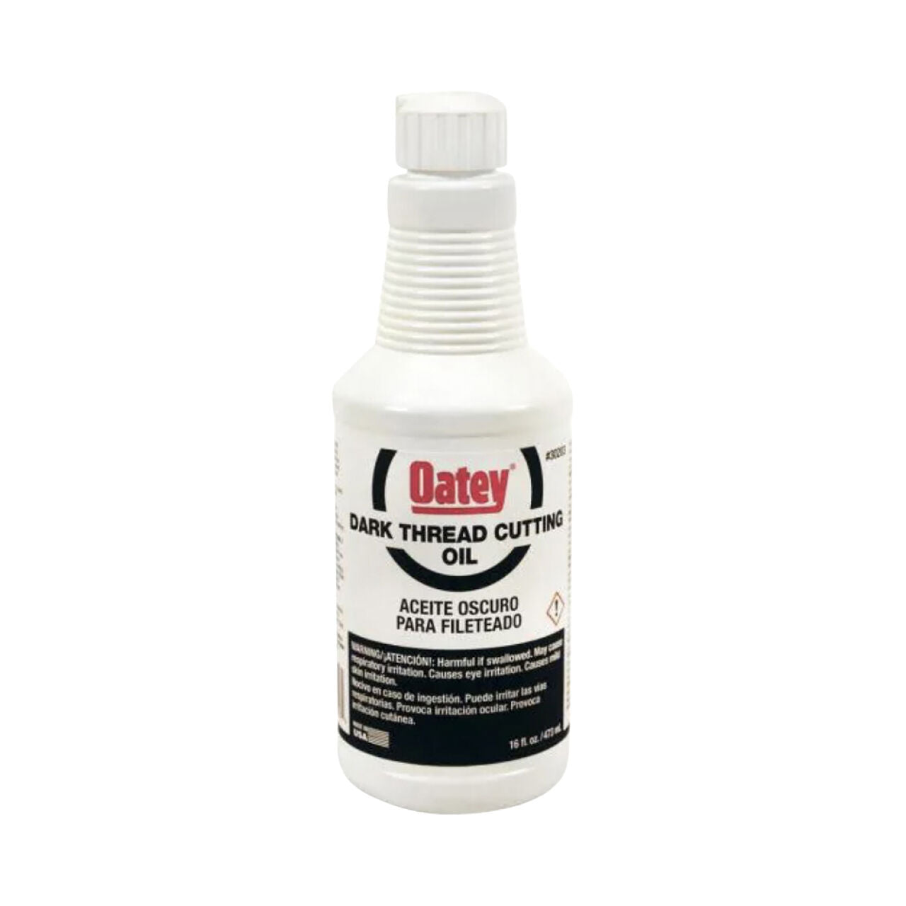 A 16 oz. Go Build Dark Thread Cutting Oil bottle with a white cap and English/Spanish label, designed for high-speed cutting machines. Includes usage instructions and warnings on the label.
